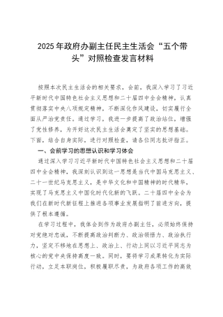 2025 年政府办副主任民主生活会“五个带头”对照检查发言材料.docx