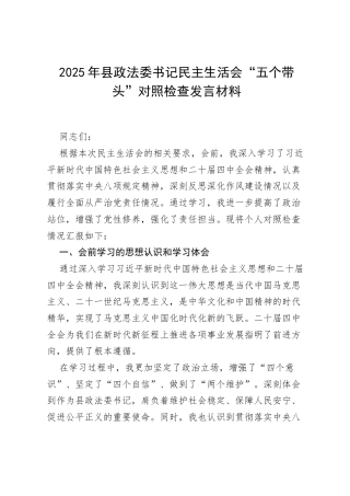 2025年县政法委书记民主生活会“五个带头”对照检查发言材料.docx
