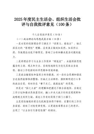 2025年度民主生活会、组织生活会批评与自我批评意见（100条）.docx