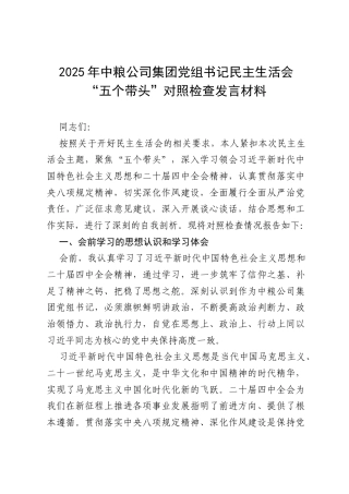2025年中粮公司集团党组书记民主生活会“五个带头”对照检查发言材料.docx