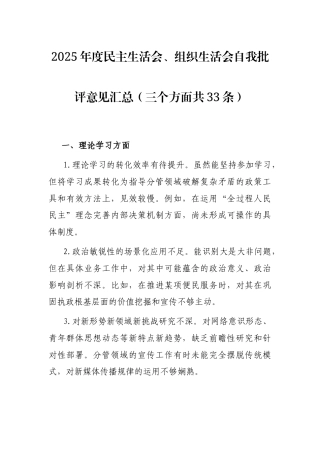 2025年度民主生活会、组织生活会自我批评意见汇总（三个方面共33条）.docx