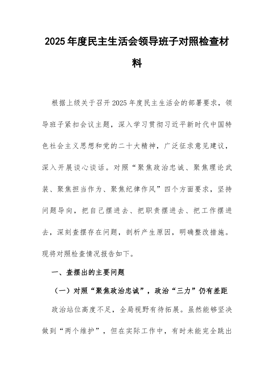 2025年度民主生活会领导班子对照检查材料（3912字）.docx_第1页