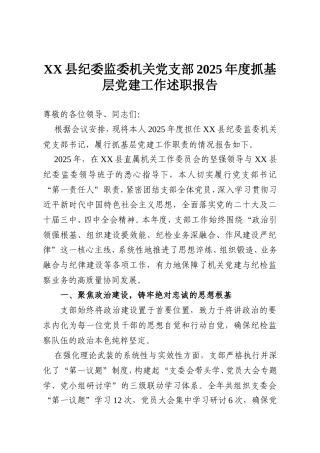 XX县纪委监委机关党支部2025年度抓基层党建工作述职报告.doc