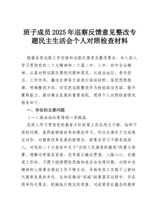 班子成员2025年巡察反馈意见整改专题民主生活会个人对照检查材料.docx