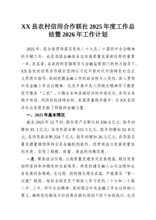 XX县农村信用合作联社2025年度工作总结暨2026年工作计划.doc
