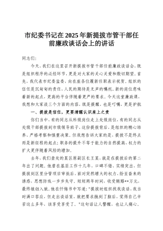 市纪委书记在2025年新提拔市管干部任前廉政谈话会上的讲话.doc