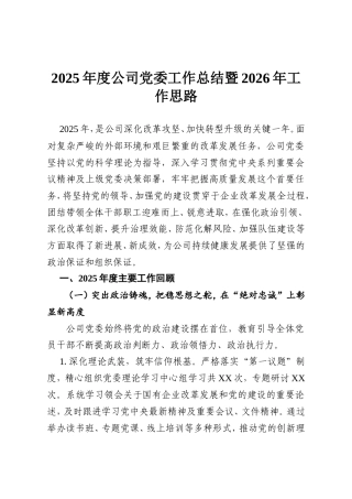 2025年度公司党委工作总结暨2026年工作思路.doc