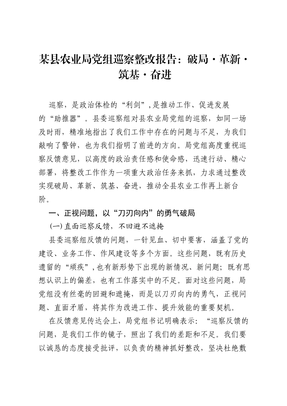 某县农业局党组巡察整改报告：破局·革新·筑基·奋进.docx_第1页