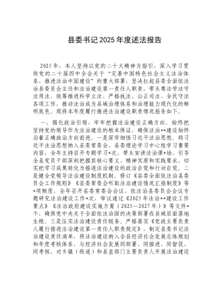 县委书记2025年度述法报告.docx
