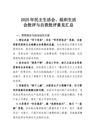 2025年民主生活会、组织生活会批评与自我批评意见汇总.docx