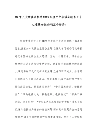 XX市人大常委会机关2025年度民主生活会秘书长个人对照检查材料(五个带头).docx