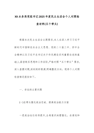 XX水务局党组书记2025年度民主生活会个人对照检查材料(五个带头).docx