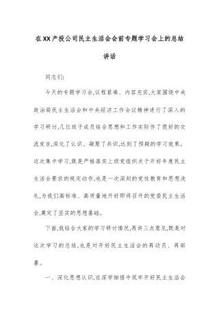 在XX产投公司民主生活会会前专题学习会上的总结讲话.docx