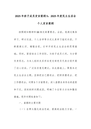 2025年班子成员发言提纲5：2025年度民主生活会个人发言提纲.docx