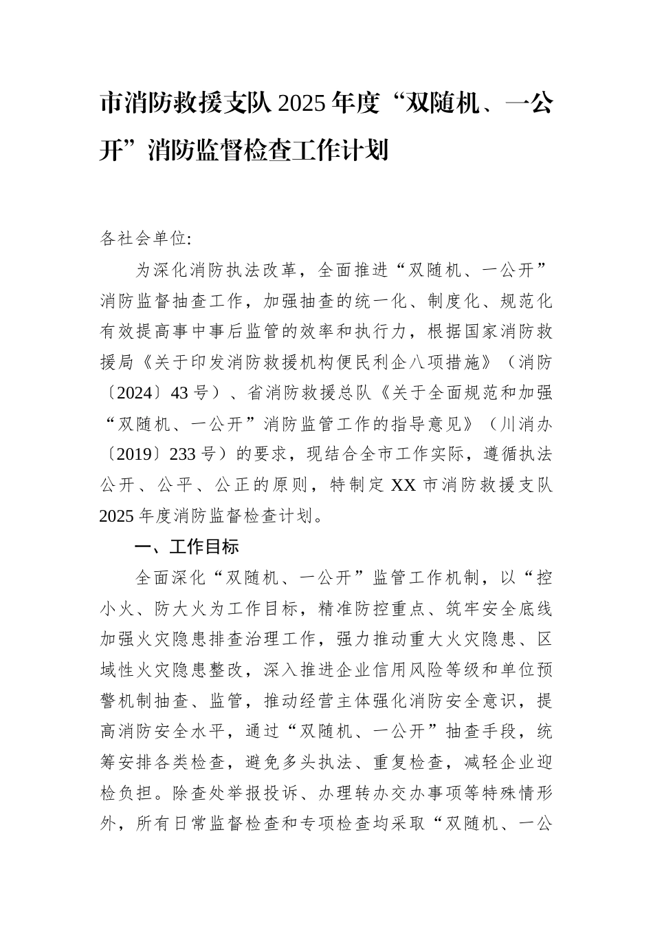 市消防救援支队2025年度“双随机、一公开”消防监督检查工作计划.docx_第1页