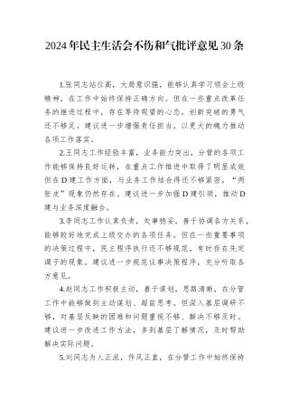 2024年民主生活会不伤和气批评意见30条.docx