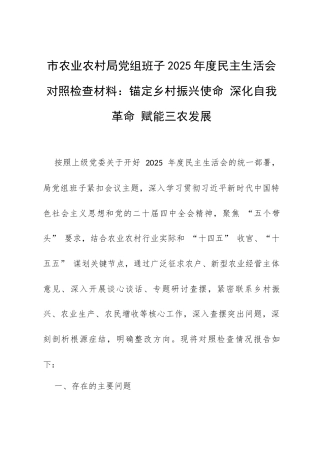 市农业农村局党组班子2025年度民主生活会对照检查材料：锚定乡村振兴使命 深化自我革命 赋能三农发展.docx