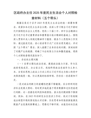 【12.29】区政府办主任2025年度民主生活会个人对照检查材料（五个带头）.docx
