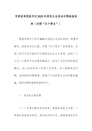 【12.29】市财政局党组书记2025年度民主生活会对照检查材料（对照“五个带头”）.docx