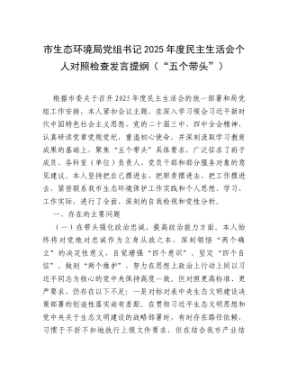 【12.29】市生态环境局党组书记2025年度民主生活会个人对照检查发言提纲（“五个带头”）.docx