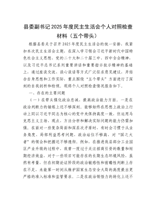 【12.29】县委副书记2025年度民主生活会个人对照检查材料（五个带头）.docx