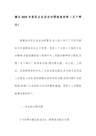 【12.29】镇长2025年度民主生活会对照检查材料（五个带头）.docx