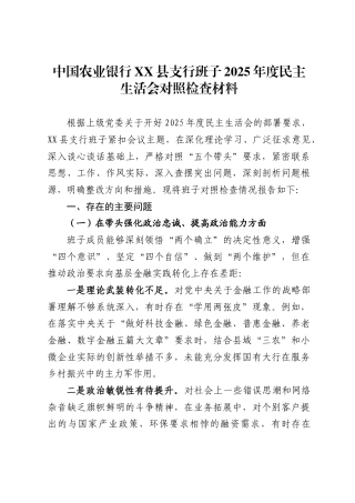 银行XX县支行班子2025年度民主生活会对照检查材料（5389字）.docx