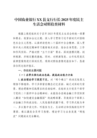 银行XX县支行行长2025年度民主生活会对照检查材料（6670字）.docx