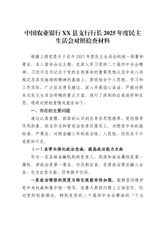 银行XX县支行行长2025年度民主生活会对照检查材料（6892字）.docx