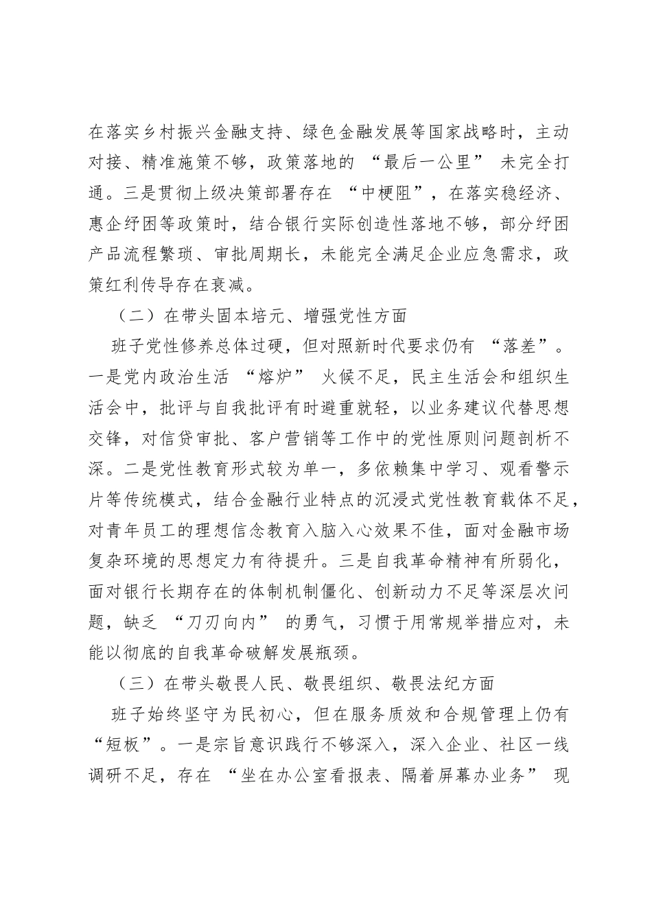 银行党委班子2025年度民主生活会对照检查材料：锚定金融使命强担当 深化自我革命提质效.docx_第2页