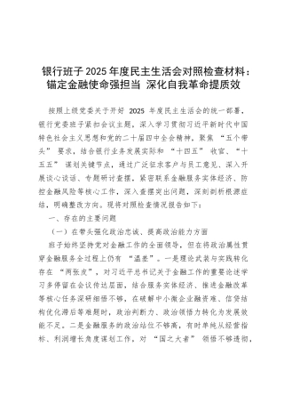 银行党委班子2025年度民主生活会对照检查材料：锚定金融使命强担当 深化自我革命提质效.docx