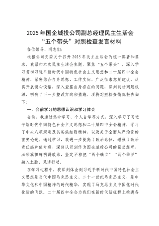 2025 年国企城投公司副总经理民主生活会“五个带头”对照检查发言材料 - 副本.docx