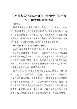 2025 年某国企副总经理民主生活会“五个带头”对照检查发言材料.docx