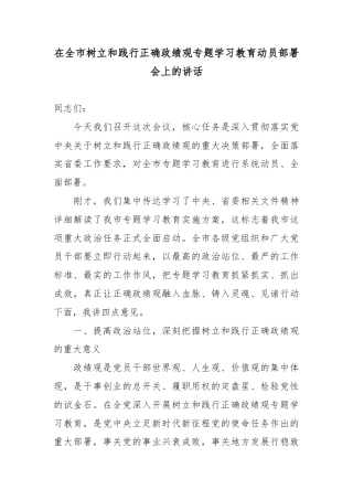 在全市树立和践行正确政绩观专题学习教育动员部署会上的讲话.docx