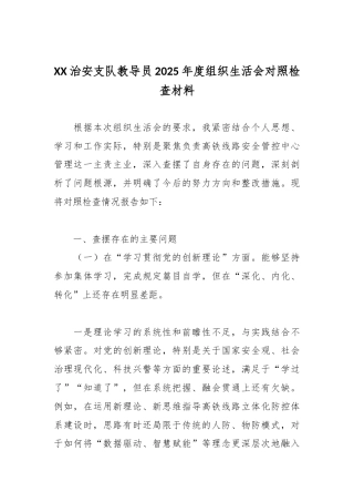 XX治安支队教导员2025年度组织生活会对照检查材料.docx
