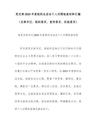 党支部2025年度组织生活会个人对照检查材料汇编（支部书记、组织委员、宣传委员、纪检委员）.docx