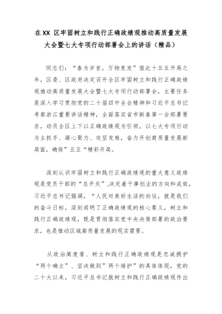 在XX 区牢固树立和践行正确政绩观推动高质量发展大会暨七大专项行动部署会上的讲话.docx
