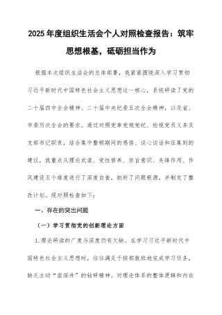 2025年度组织生活会个人对照检查报告：筑牢思想根基，砥砺担当作为.docx