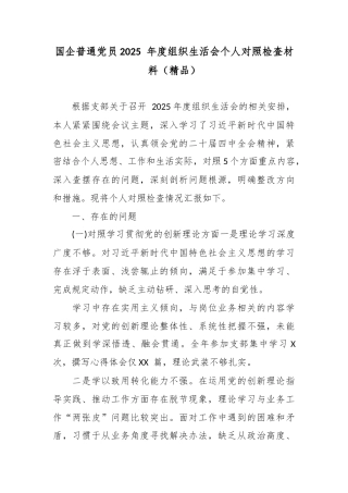 国企普通党员2025 年度组织生活会个人对照检査材料.docx