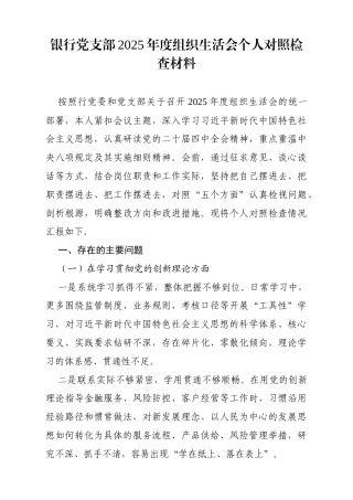 银行党支部2025年度组织生活会个人对照检查材料.docx