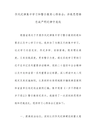 作风纪律集中学习和警示教育心得体会：淬炼思想铸忠诚严明纪律守底线.docx