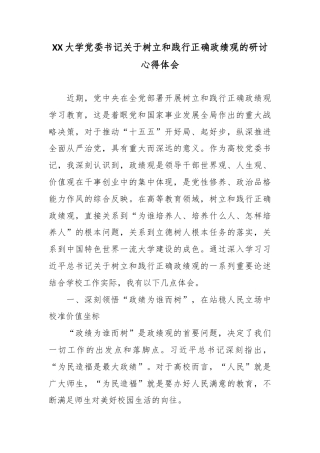 XX大学党委书记关于树立和践行正确政绩观的研讨心得体会2.docx