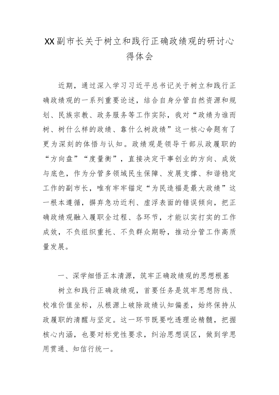 XX副市长关于树立和践行正确政绩观的研讨心得体会.docx_第1页