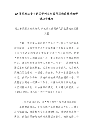 XX县委政法委书记关于树立和践行正确政绩观的研讨心得体会.docx