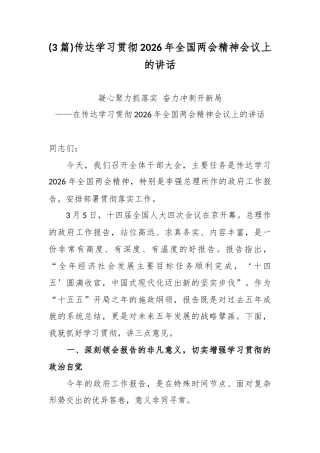 (3篇)传达学习贯彻2026年全国两会精神会议上的讲话.docx