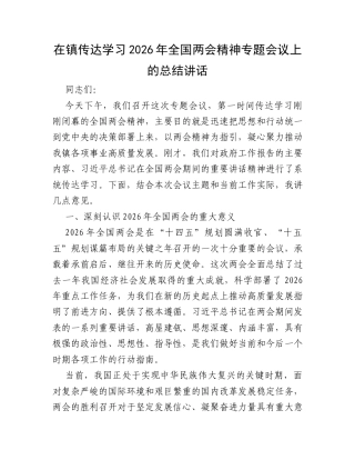 在镇传达学习2026年全国两会精神专题会议上的总结讲话.docx
