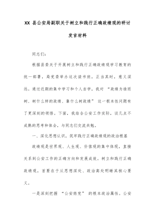XX 县公安局副职关于树立和践行正确政绩观的研讨发言材料.docx