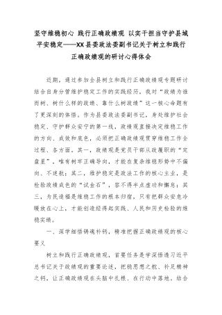 坚守维稳初心 践行正确政绩观 以实干担当守护县域平安稳定——XX县委政法委副书记关于树立和践行正确政绩观的研讨心得体会.docx