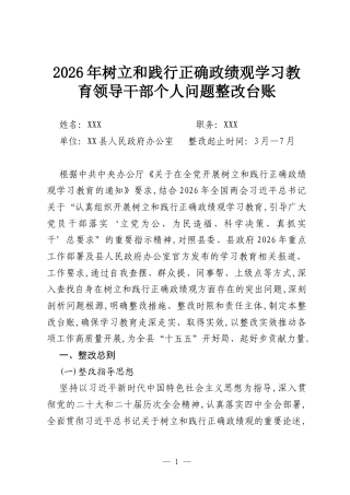 2026年树立和践行正确政绩观学习教育领导干部个人问题整改台账.docx
