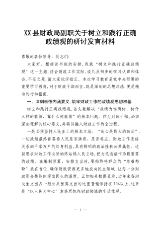 XX县财政局副职关于树立和践行正确政绩观的研讨发言材料.docx